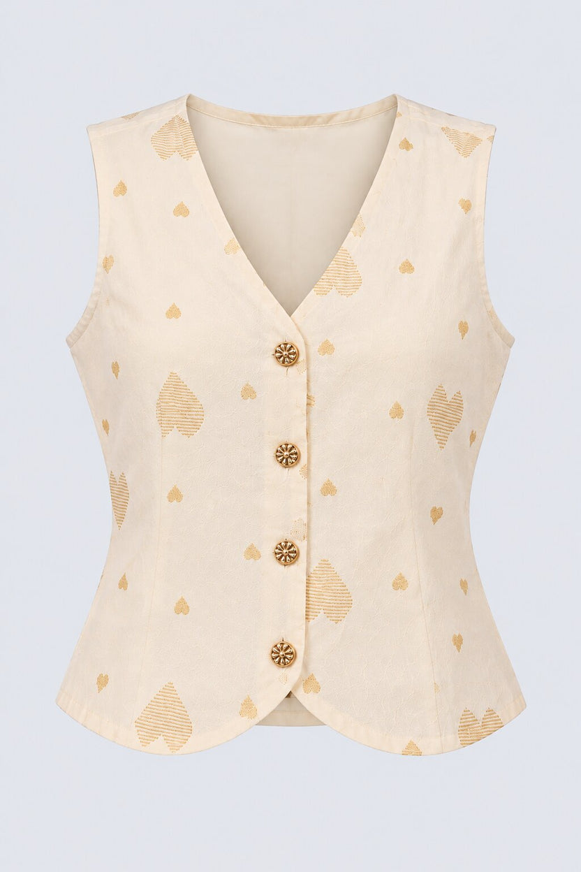 Womens Cream Heart Print Chanderi Waistcoat - Image 7