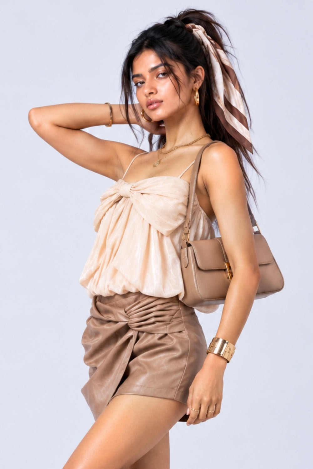 Off White Satin Crush Bow Detail Party Wear Top - Image 1