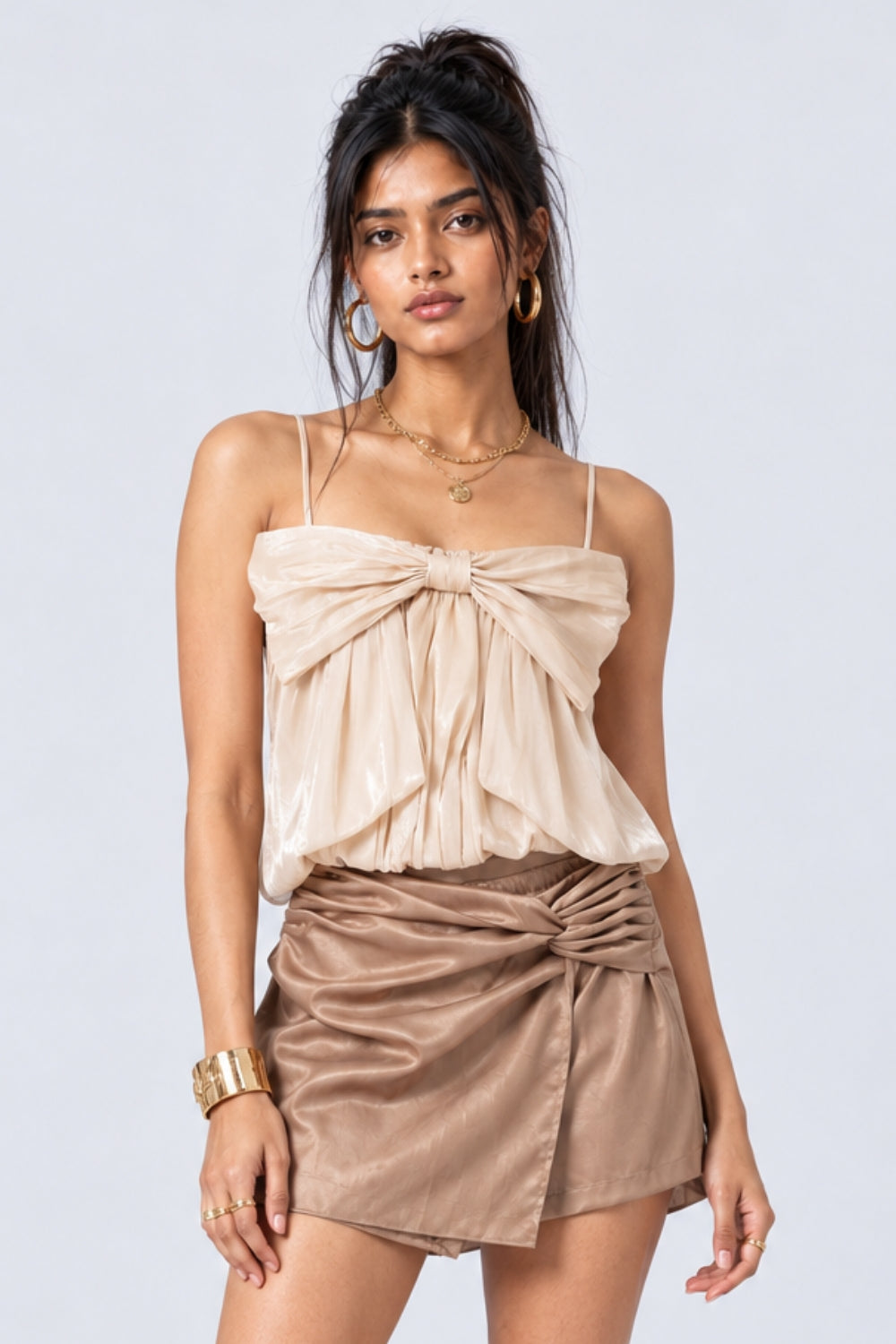 Off White Satin Crush Bow Detail Party Wear Top - Image 2