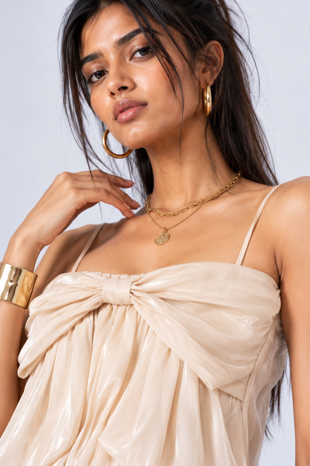 Off White Satin Crush Bow Detail Party Wear Top - Image 3