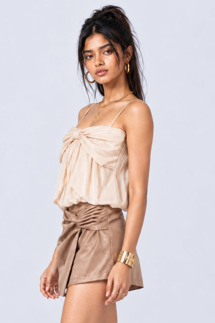 Off White Satin Crush Bow Detail Party Wear Top - Image 4