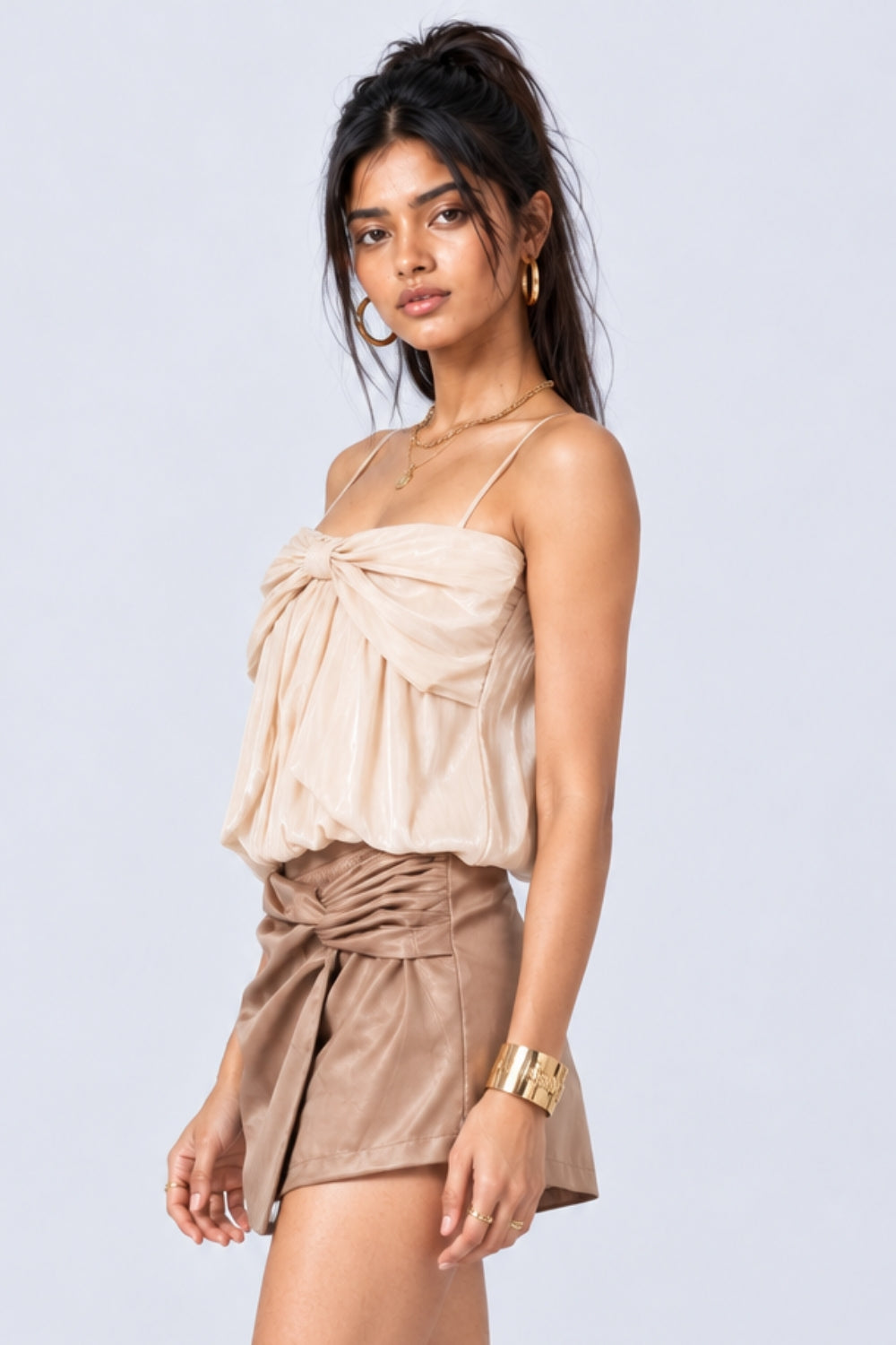 Off White Satin Crush Bow Detail Party Wear Top - Image 4
