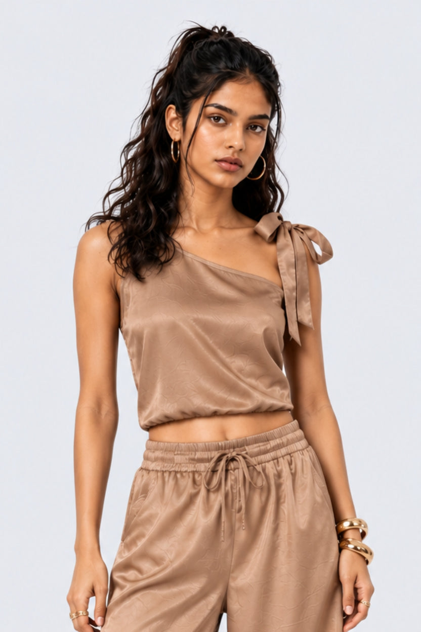 Beige Satin Tie-Strap Crop Top - Image 2