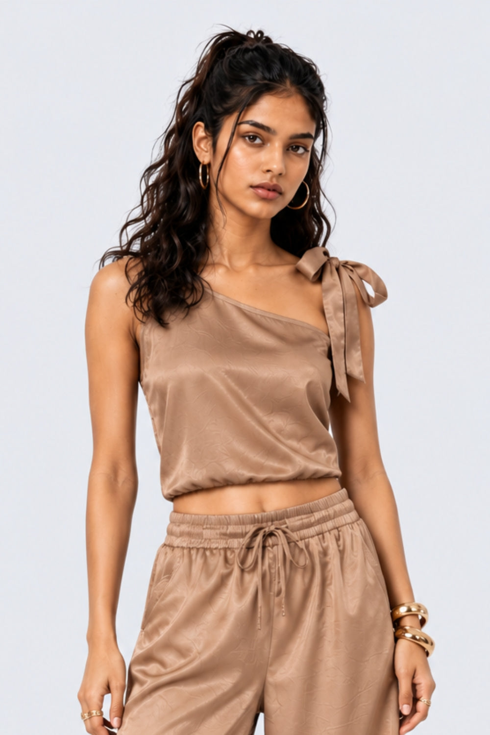 Beige Satin Tie-Strap Crop Top - Image 2