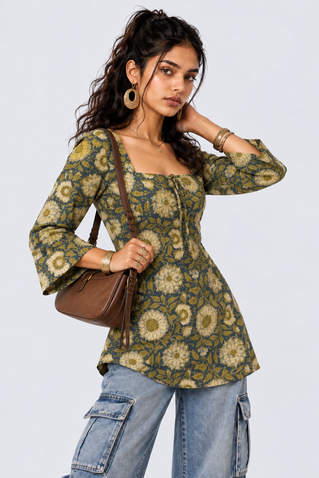 Womens Green Floral Cambric Square Neck Top - Image 1