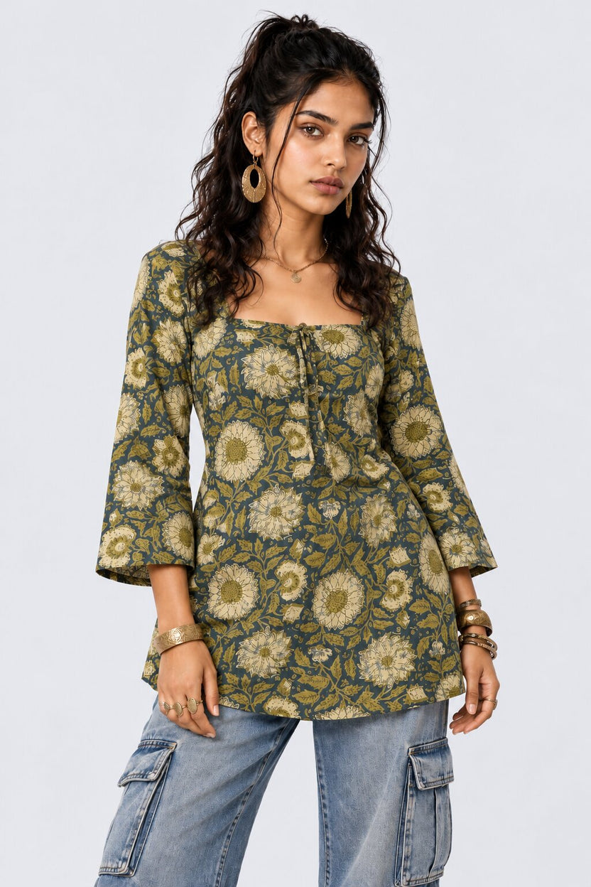 Womens Green Floral Cambric Square Neck Top - Image 2