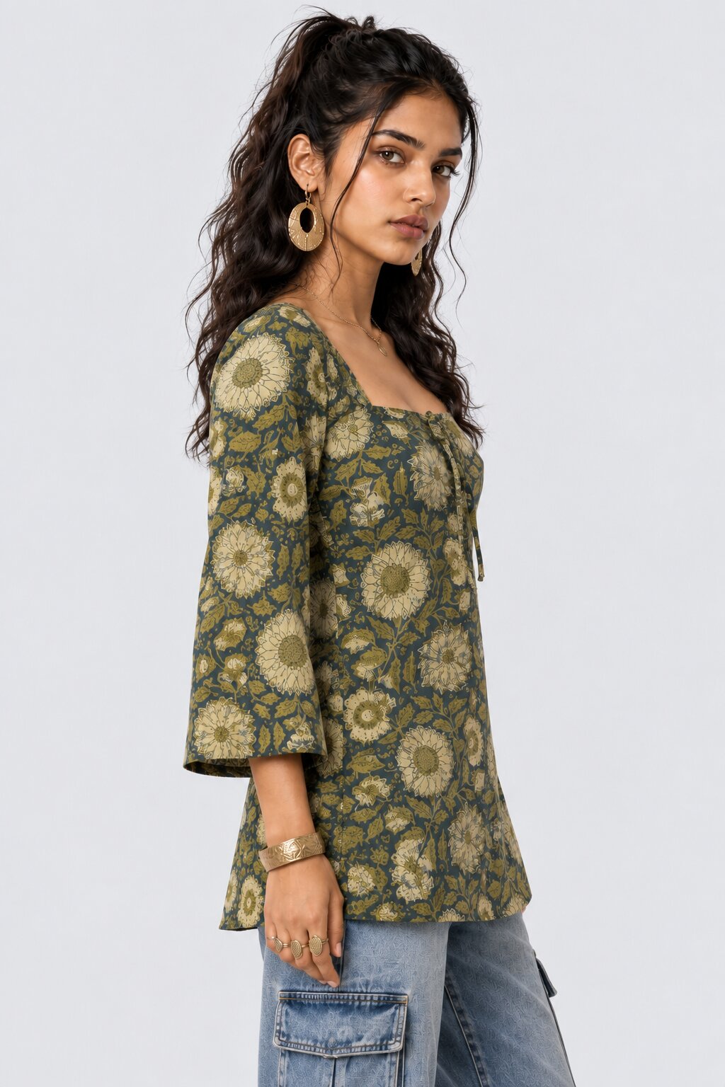Womens Green Floral Cambric Square Neck Top - Image 4