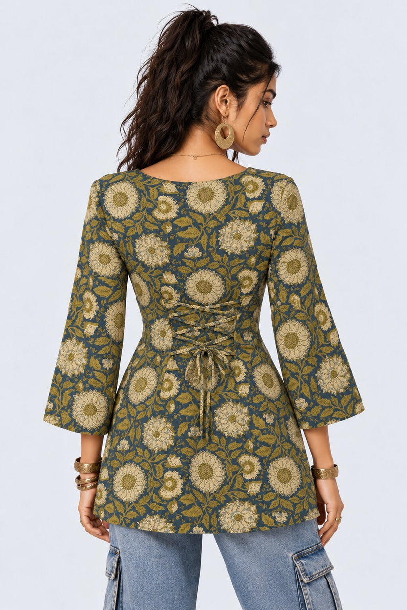 Womens Green Floral Cambric Square Neck Top - Image 5