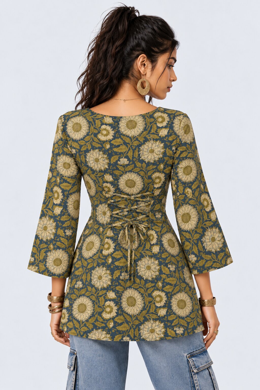 Womens Green Floral Cambric Square Neck Top - Image 5