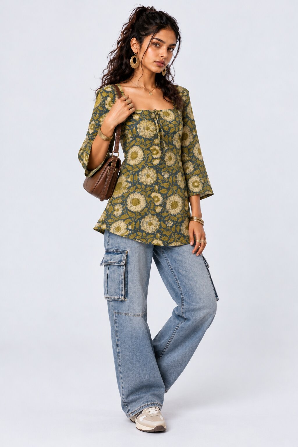 Womens Green Floral Cambric Square Neck Top - Image 6