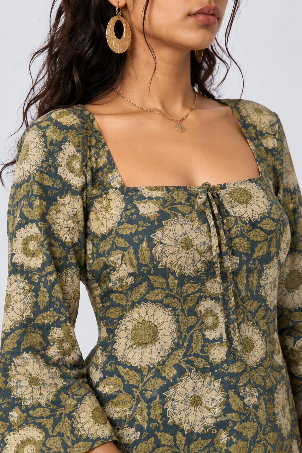Womens Green Floral Cambric Square Neck Top - Image 9