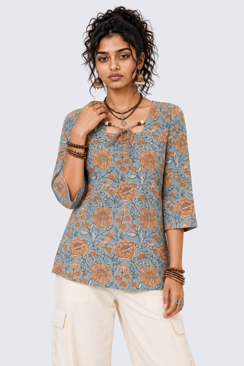 Womens Blue Floral Print Tie-Neck Peplum Top - Image 1