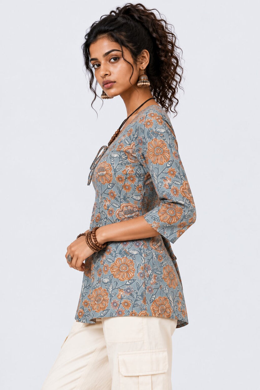 Womens Blue Floral Print Tie-Neck Peplum Top - Image 2