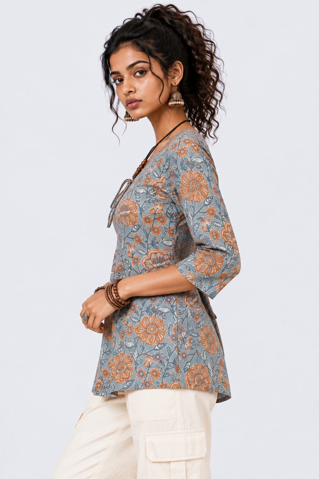 Womens Blue Floral Print Tie-Neck Peplum Top - Image 2
