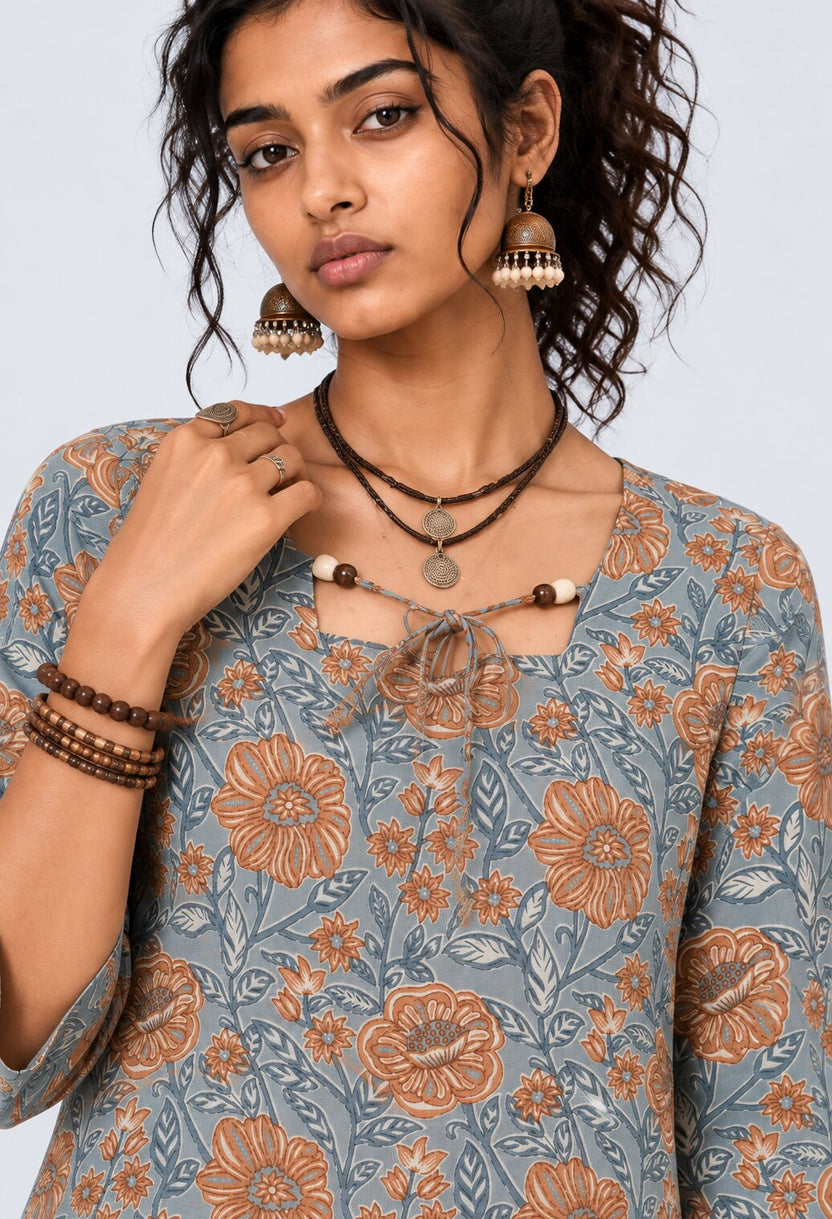 Womens Blue Floral Print Tie-Neck Peplum Top - Image 3