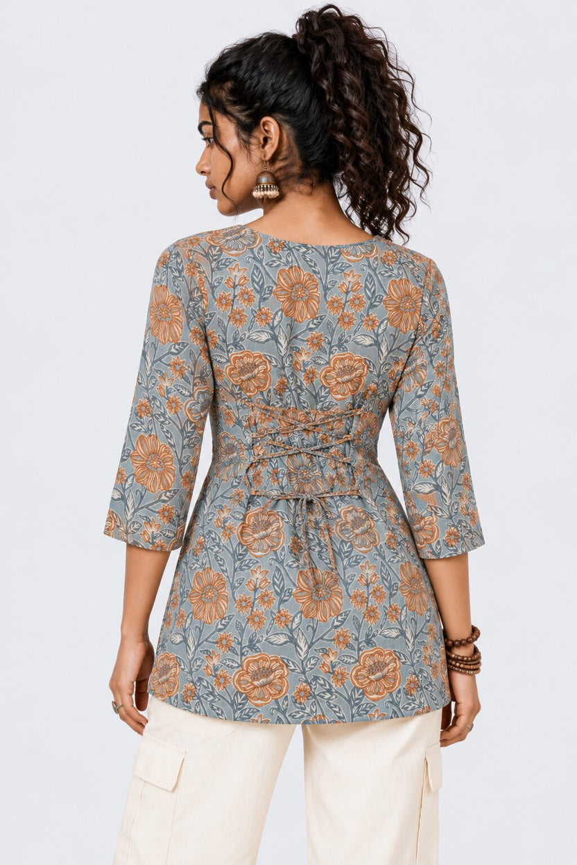 Womens Blue Floral Print Tie-Neck Peplum Top - Image 4