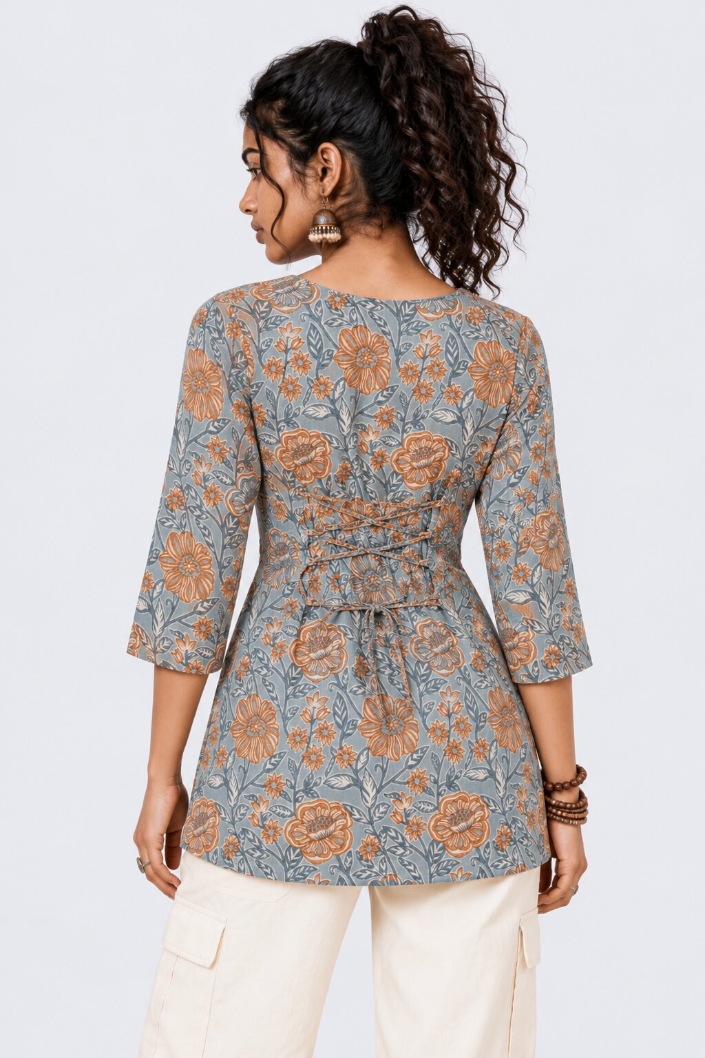 Womens Blue Floral Print Tie-Neck Peplum Top - Image 4