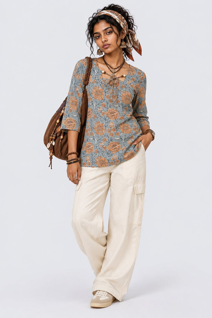 Womens Blue Floral Print Tie-Neck Peplum Top - Image 5