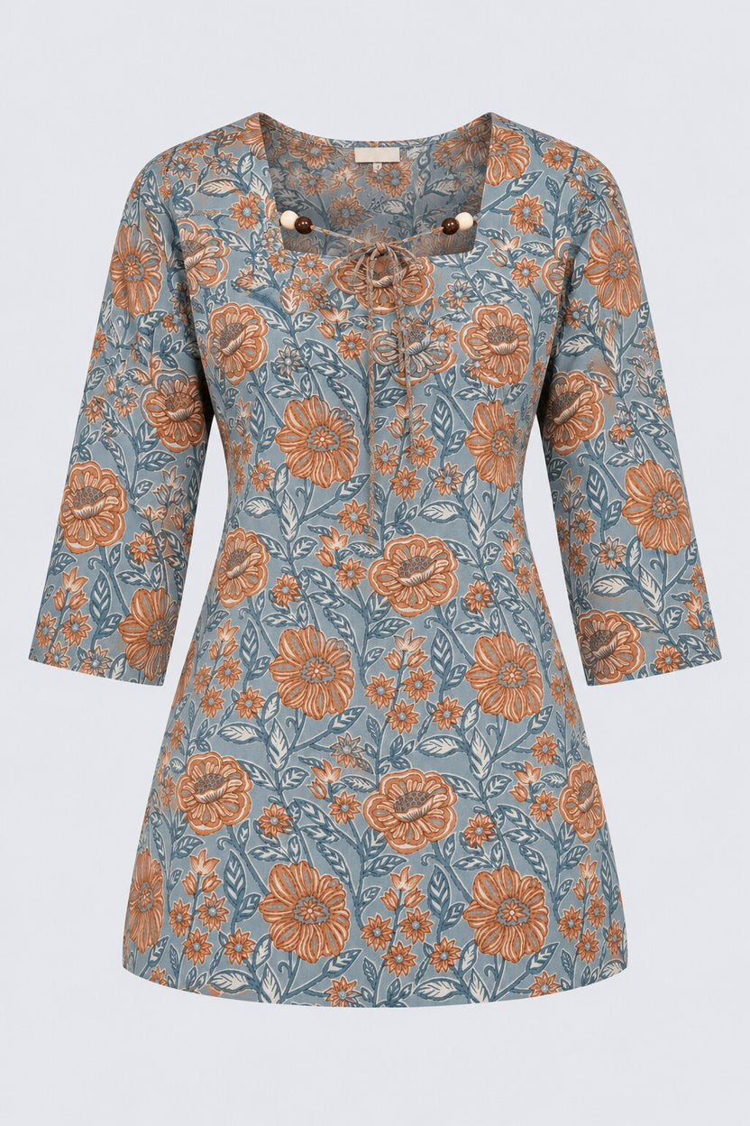 Womens Blue Floral Print Tie-Neck Peplum Top - Image 6