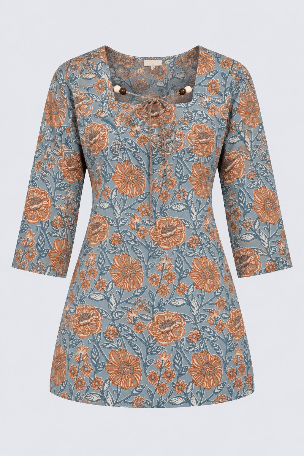 Womens Blue Floral Print Tie-Neck Peplum Top - Image 6