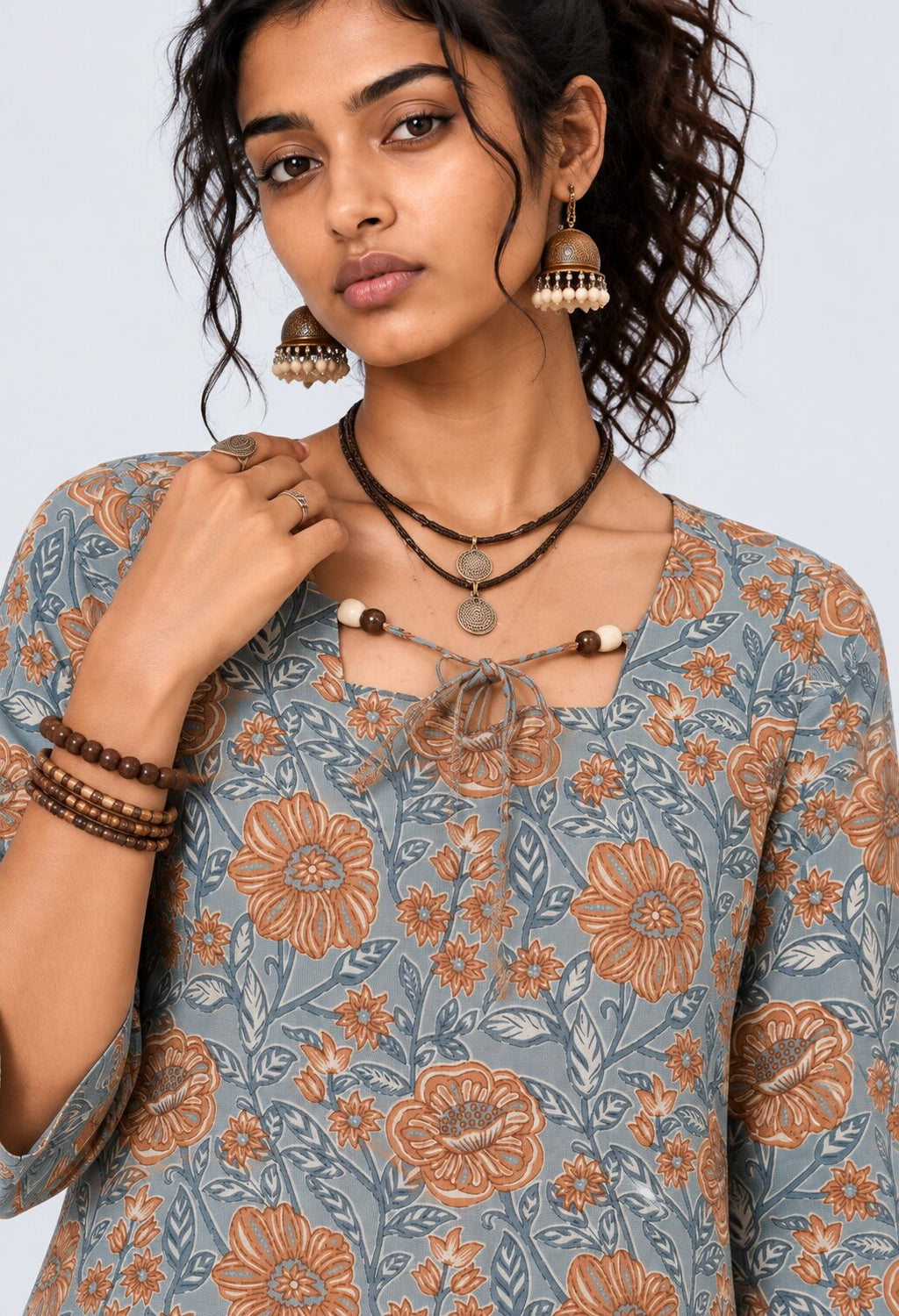 Womens Blue Floral Print Tie-Neck Peplum Top - Image 8