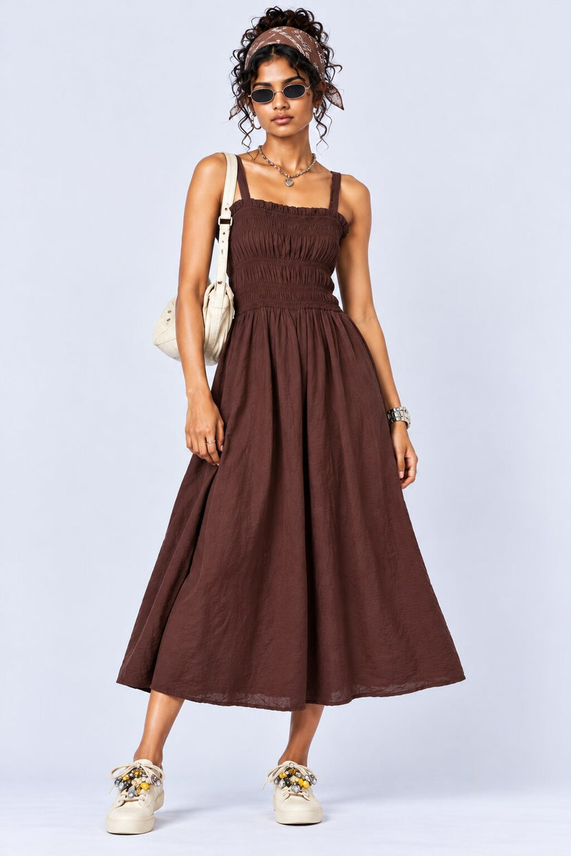 Brown Smocked Bodice Strappy Midi Dress - Image 1