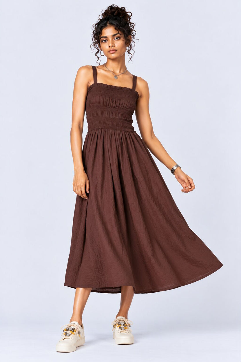 Brown Smocked Bodice Strappy Midi Dress - Image 2