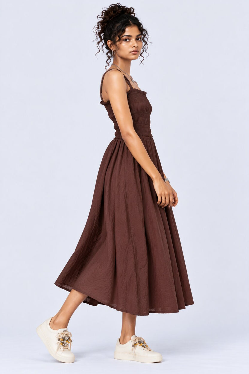 Brown Smocked Bodice Strappy Midi Dress - Image 4