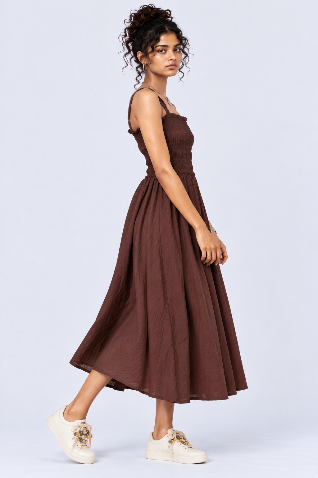 Brown Smocked Bodice Strappy Midi Dress - Image 4