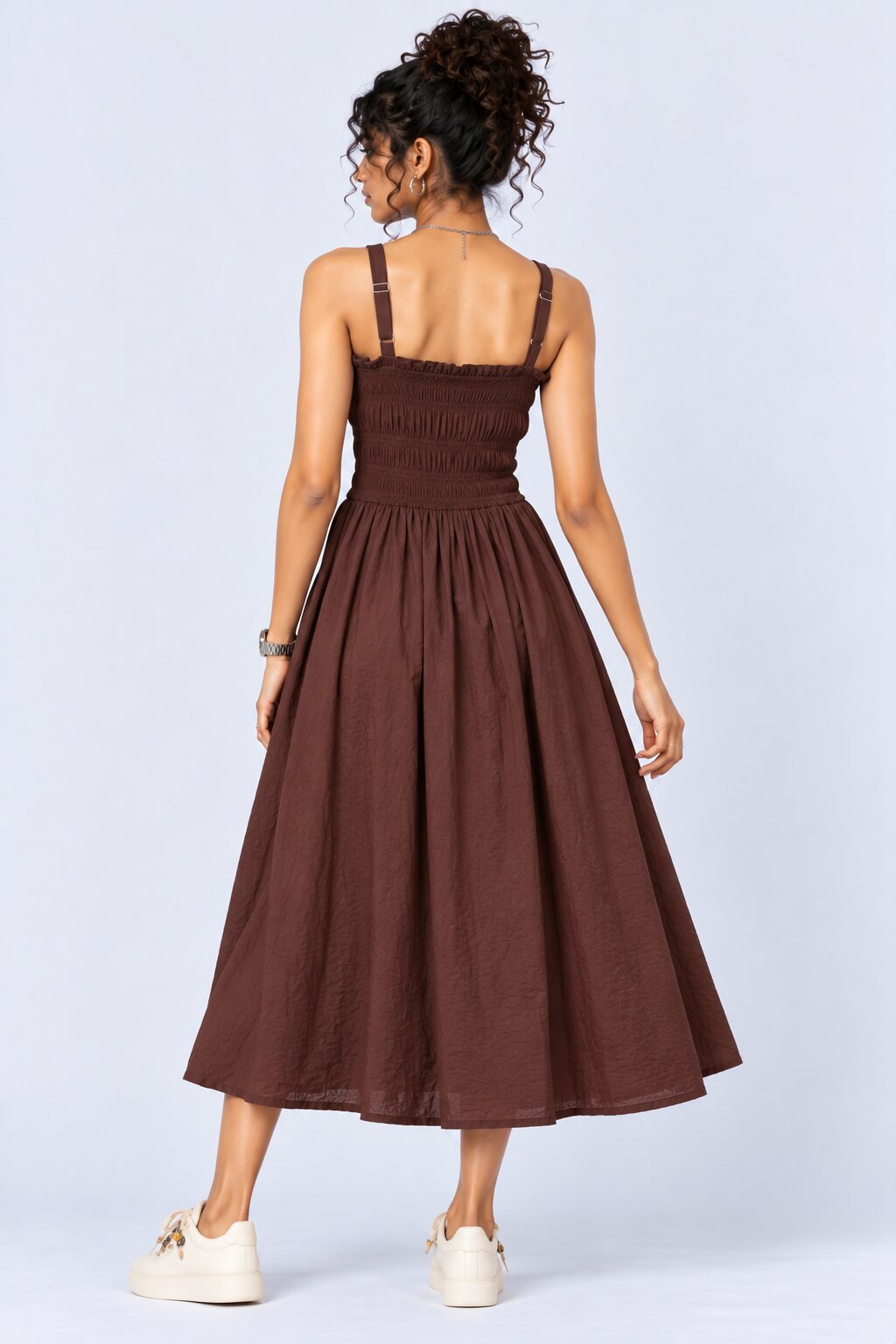 Brown Smocked Bodice Strappy Midi Dress - Image 5