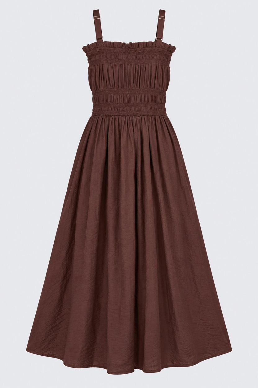 Brown Smocked Bodice Strappy Midi Dress - Image 7