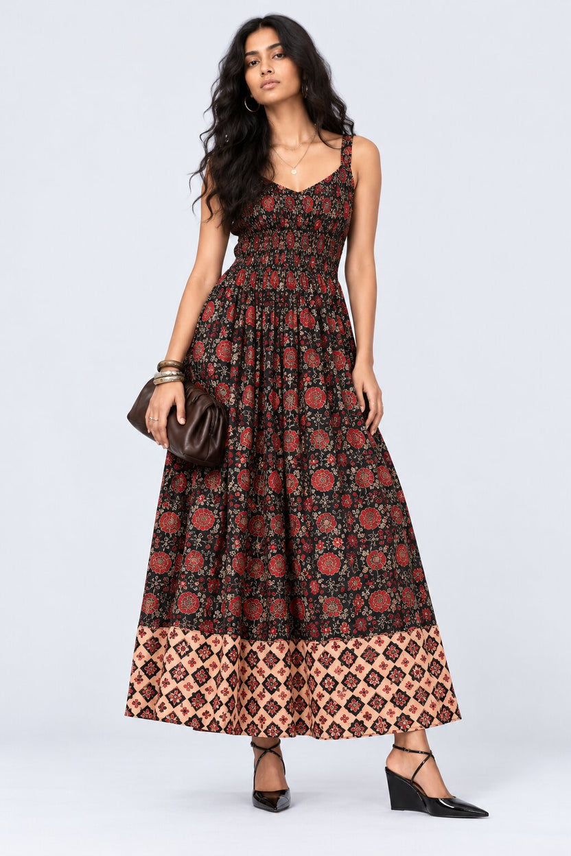 Womens Black Floral Print Smocked Maxi Dress - Image 1