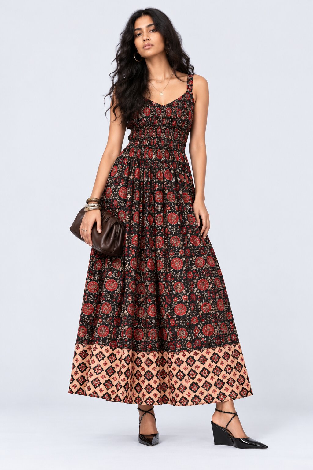 Womens Black Floral Print Smocked Maxi Dress - Image 1