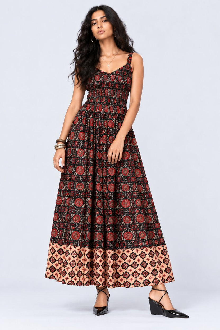 Womens Black Floral Print Smocked Maxi Dress - Image 2