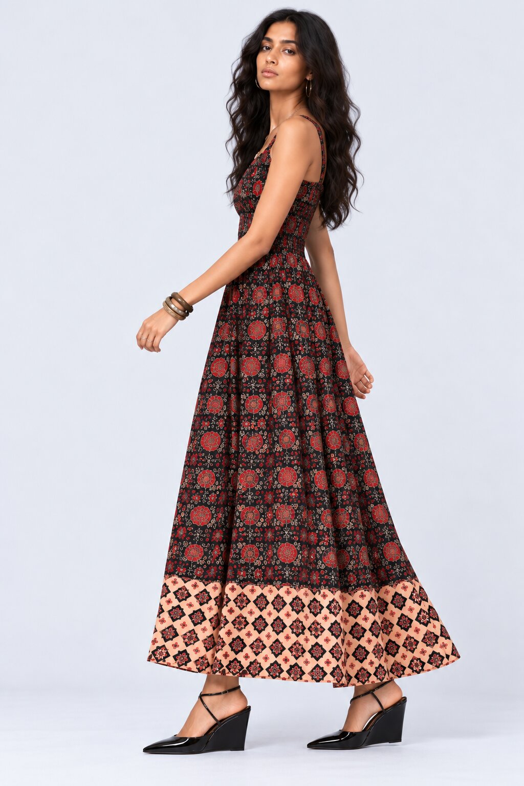 Womens Black Floral Print Smocked Maxi Dress - Image 4