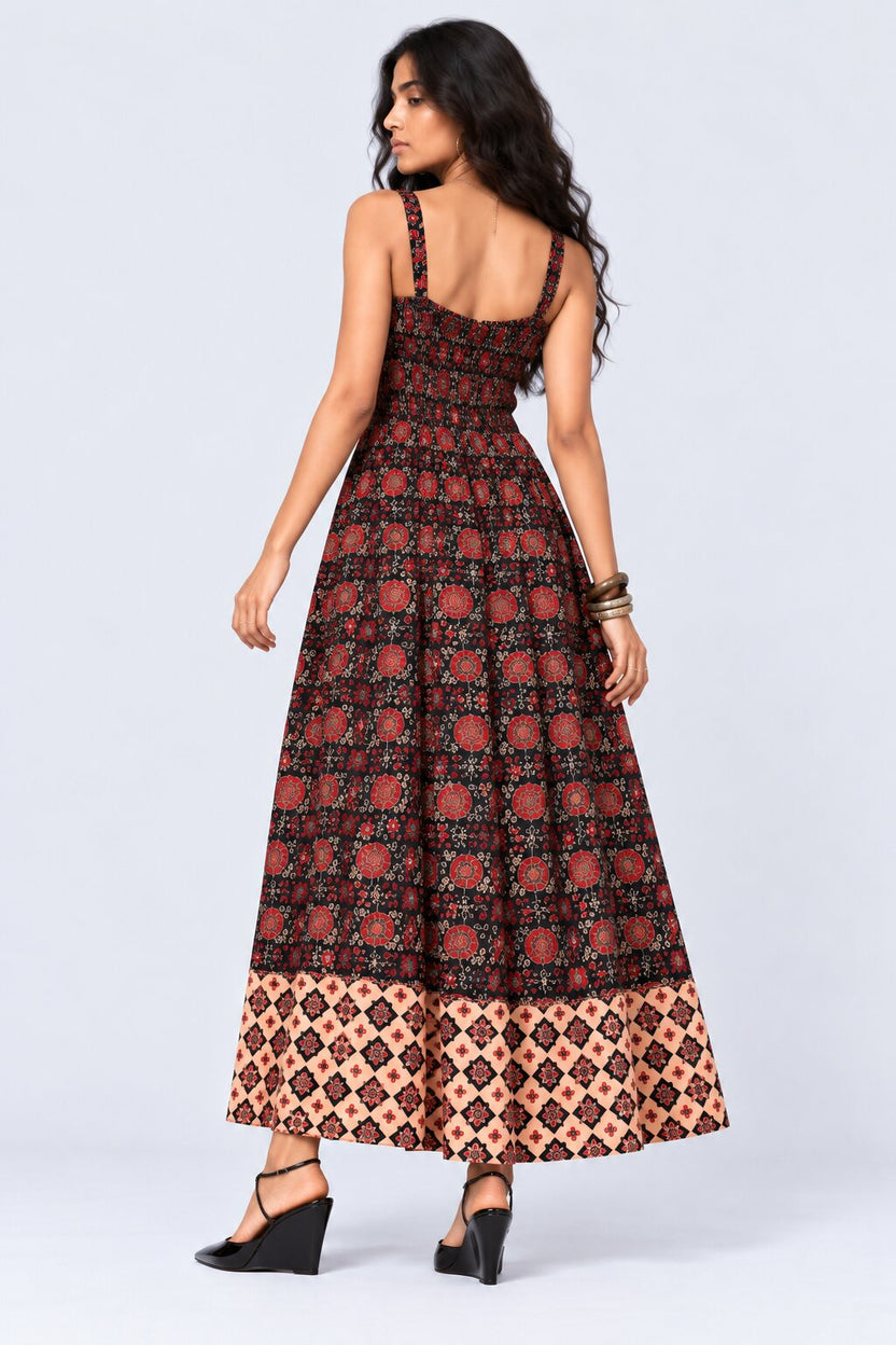 Womens Black Floral Print Smocked Maxi Dress - Image 5