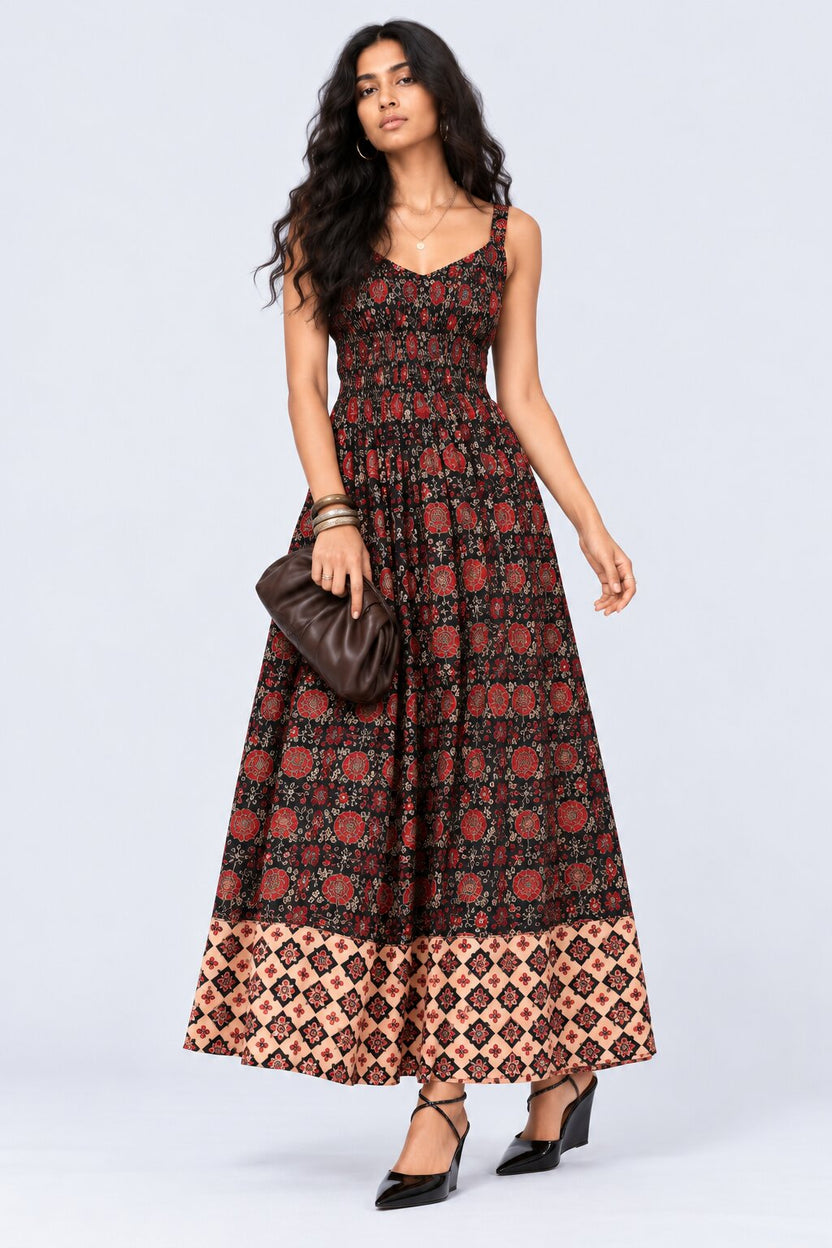 Womens Black Floral Print Smocked Maxi Dress - Image 6