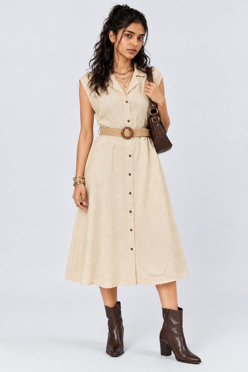Womens Cream Embroidered Belted Midi Dress - Image 1