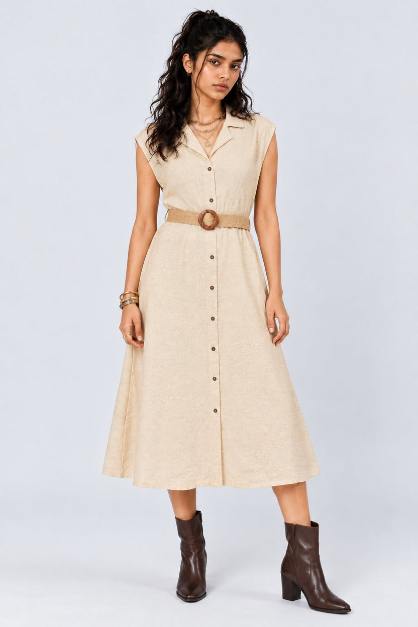 Womens Cream Embroidered Belted Midi Dress - Image 2