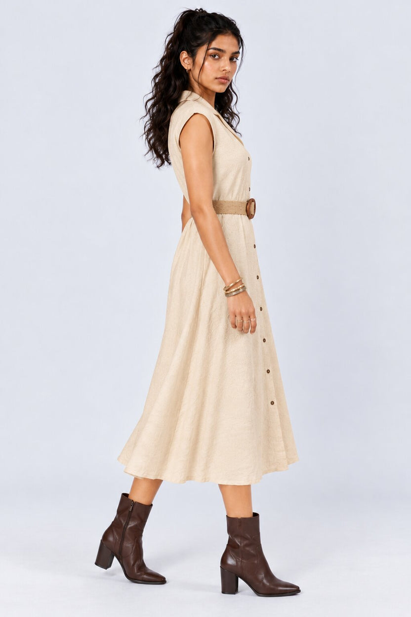 Womens Cream Embroidered Belted Midi Dress - Image 4