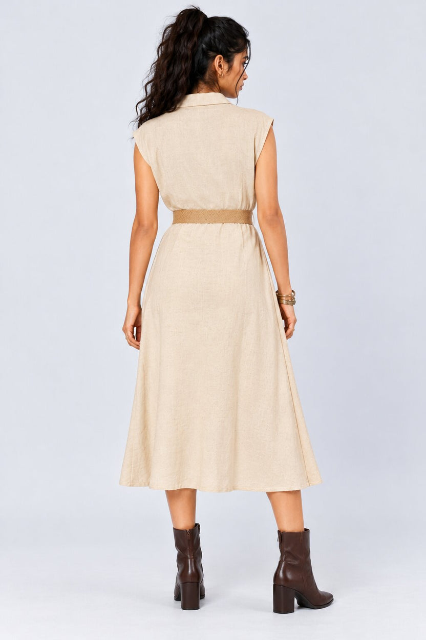 Womens Cream Embroidered Belted Midi Dress - Image 5