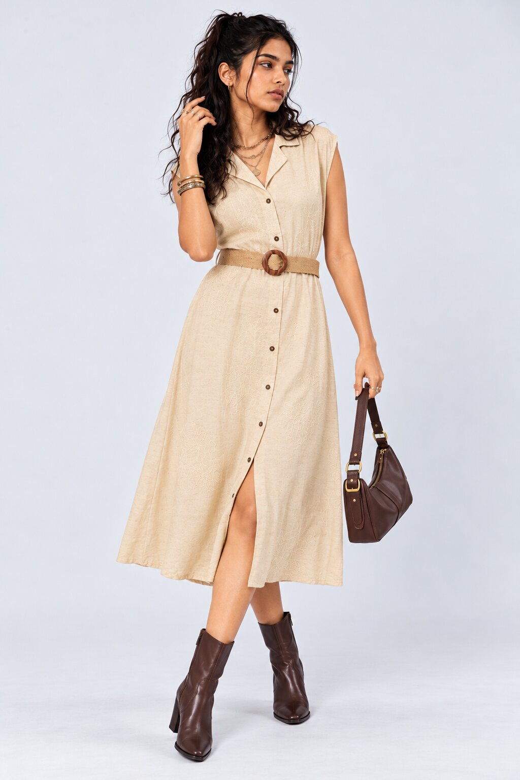 Womens Cream Embroidered Belted Midi Dress - Image 6
