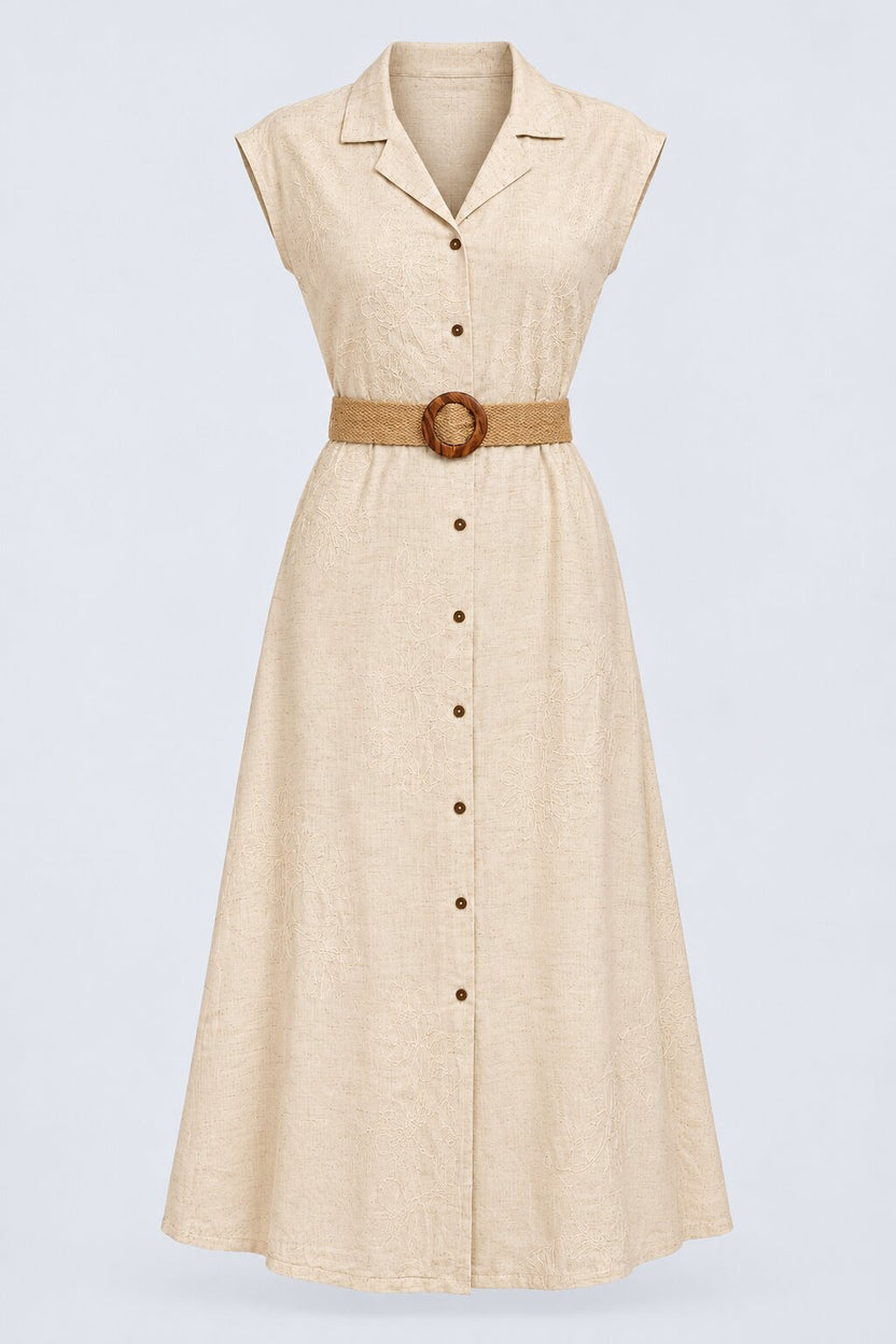 Womens Cream Embroidered Belted Midi Dress - Image 7