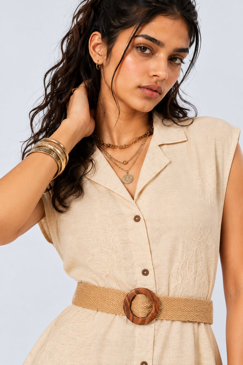 Womens Cream Embroidered Belted Midi Dress - Image 9