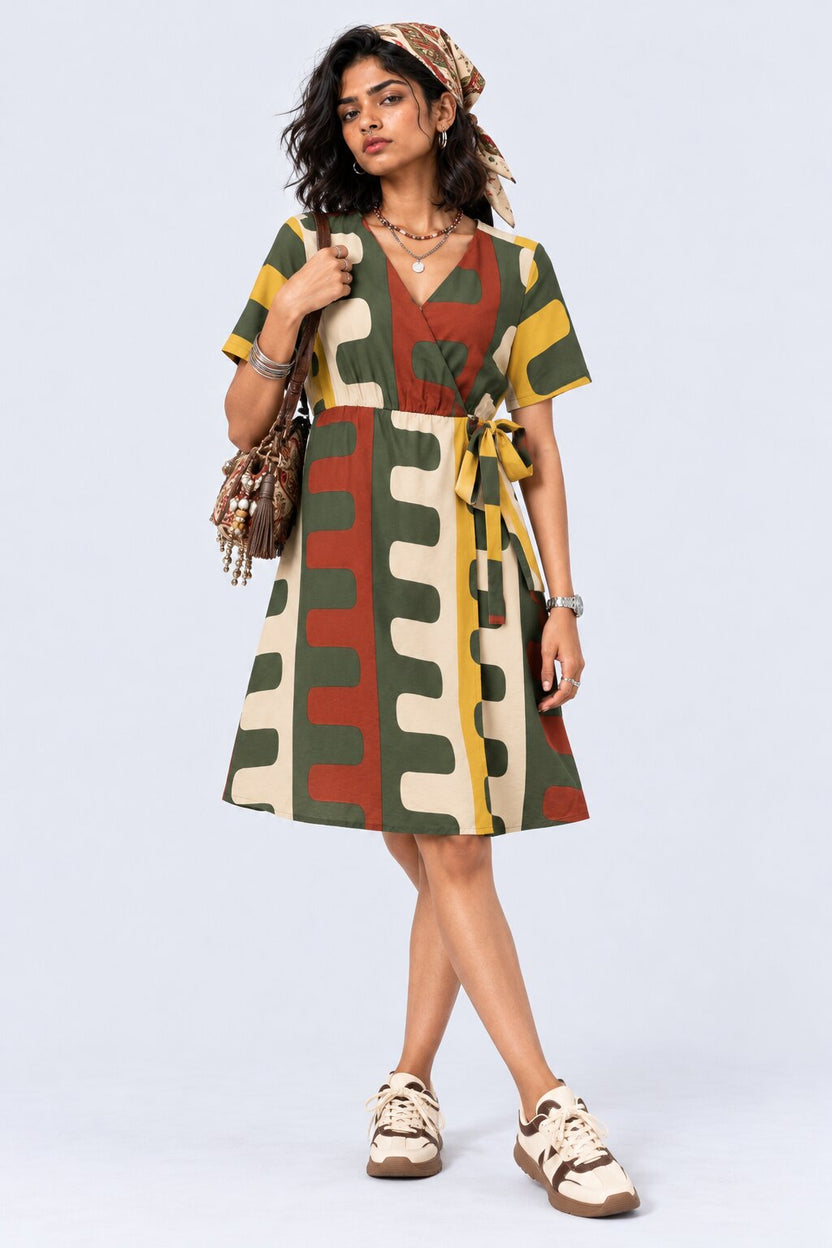 Womens Olive Abstract Print Wrap Tie Dress - Image 1