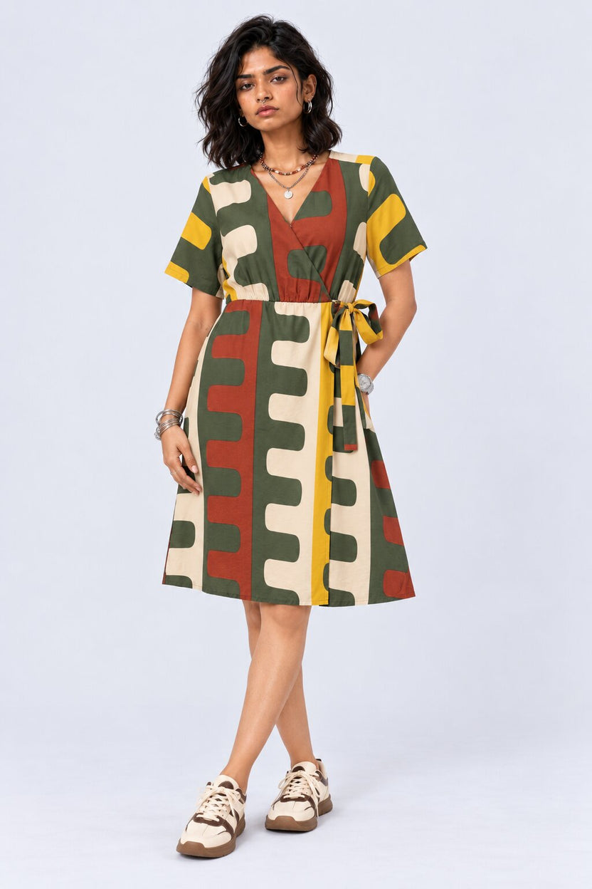Womens Olive Abstract Print Wrap Tie Dress - Image 2