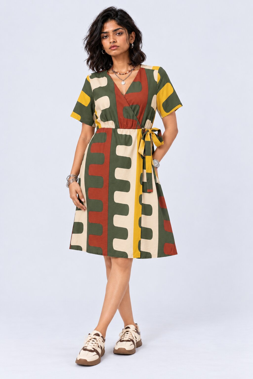 Womens Olive Abstract Print Wrap Tie Dress - Image 2