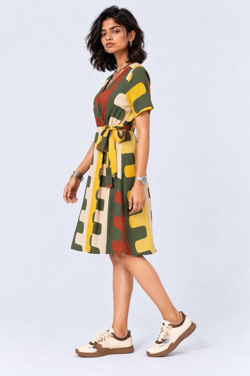 Womens Olive Abstract Print Wrap Tie Dress - Image 4