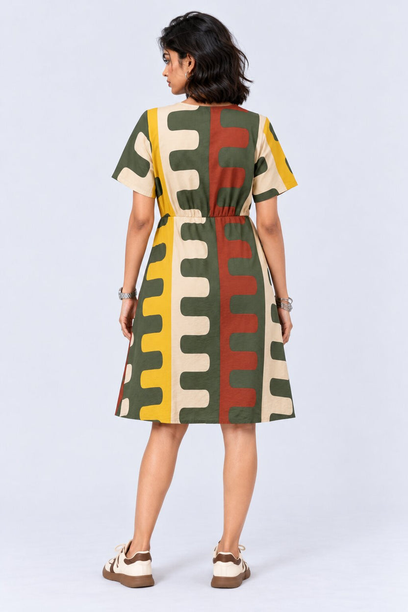 Womens Olive Abstract Print Wrap Tie Dress - Image 5