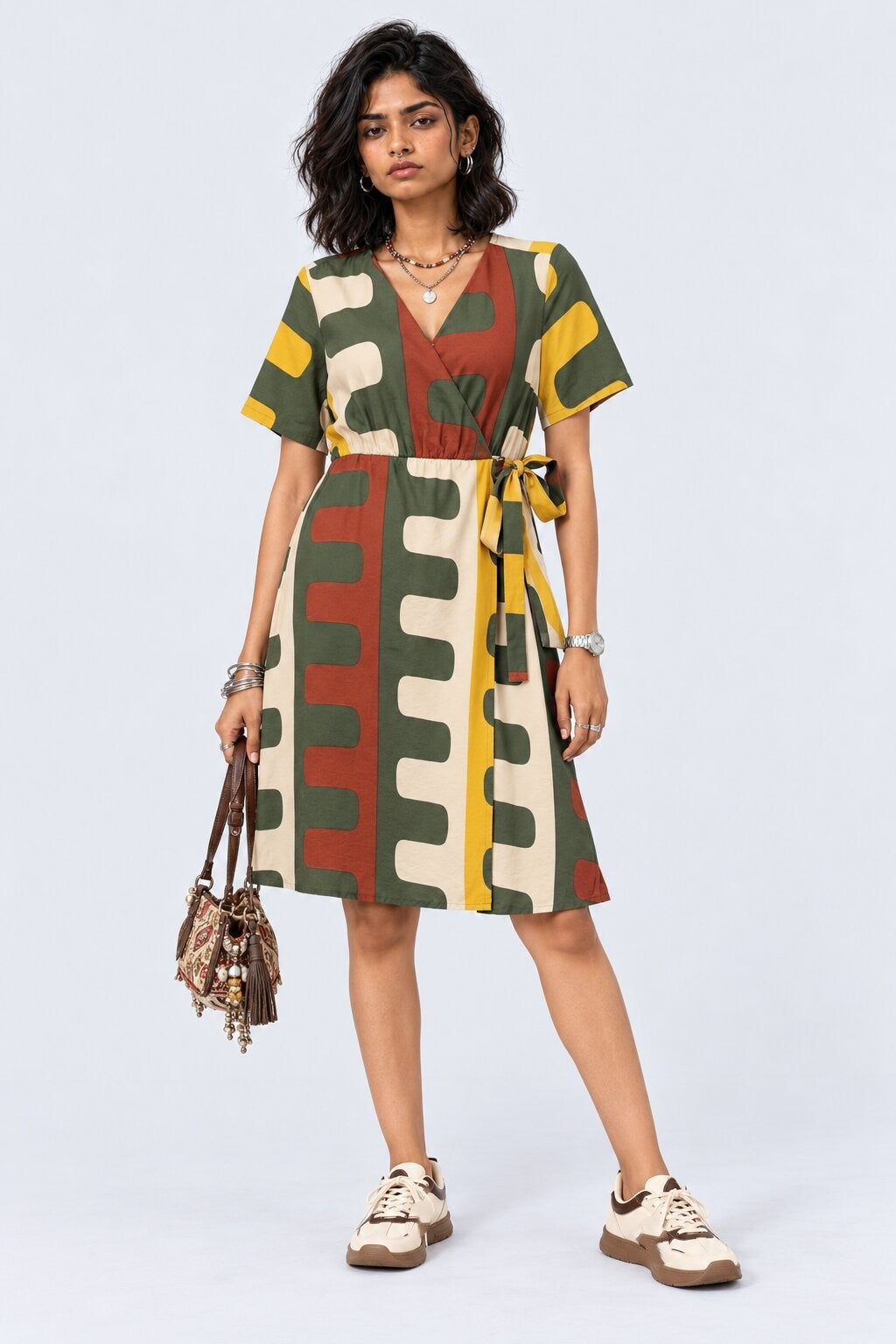 Womens Olive Abstract Print Wrap Tie Dress - Image 6